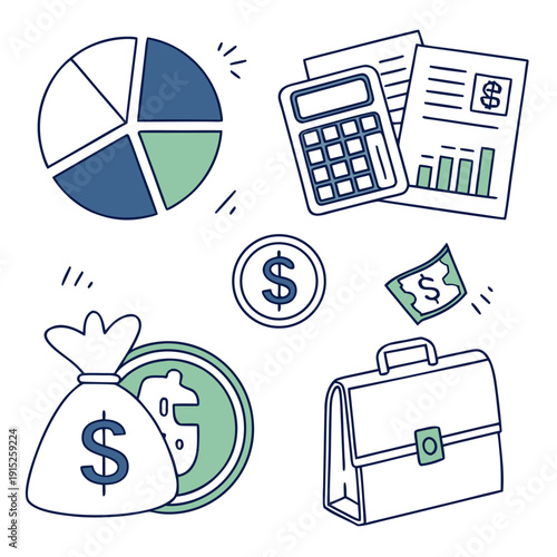 Corporate budget including pie chart calculator money bag briefcase