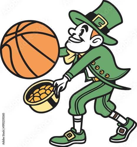 St Patrick's Day Leprechaun Basketball Dunk. collection in trendy retro comic style. Crazy cartoons Abstract vector. transparent background 
