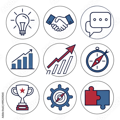 Corporate coaching program set lightbulb handshake chat graph growth compass trophy gear puzzle