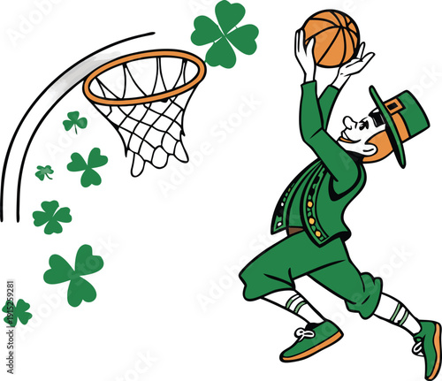 St Patrick's Day Leprechaun Basketball Dunk. collection in trendy retro comic style. Crazy cartoons Abstract vector. transparent background 