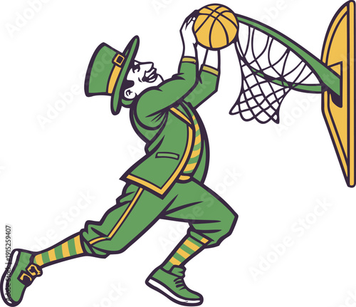 St Patrick's Day Leprechaun Basketball Dunk. collection in trendy retro comic style. Crazy cartoons Abstract vector. transparent background 