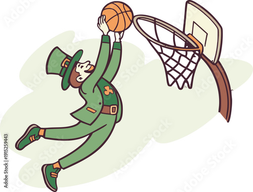 St Patrick's Day Leprechaun Basketball Dunk. collection in trendy retro comic style. Crazy cartoons Abstract vector. transparent background 