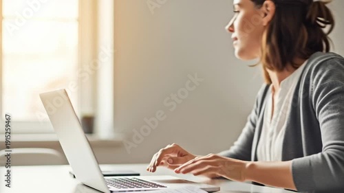 Woman Working on Laptop with Resume Document.