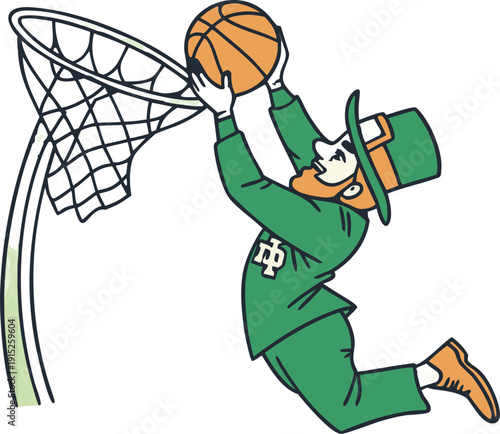 St Patrick's Day Leprechaun Basketball Dunk. collection in trendy retro comic style. Crazy cartoons Abstract vector. transparent background 