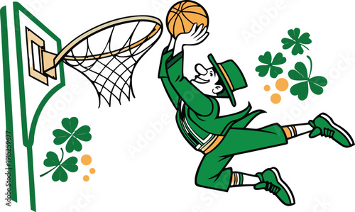 St Patrick's Day Leprechaun Basketball Dunk. collection in trendy retro comic style. Crazy cartoons Abstract vector. transparent background 