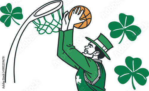 St Patrick's Day Leprechaun Basketball Dunk. collection in trendy retro comic style. Crazy cartoons Abstract vector. transparent background 