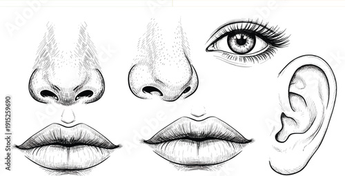 Human Facial Features Anatomy Set with Eye, Nose, Ear and Lips Engraving Style Line Art Illustration for Medical Study, Cosmetic Design and Education