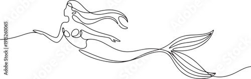 Continuous one line drawing of mermaid. One line drawing illustration of mermaid swim. one line Art icon drawing vector