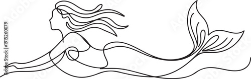 Continuous one line drawing of mermaid. One line drawing illustration of mermaid swim. one line Art icon drawing vector