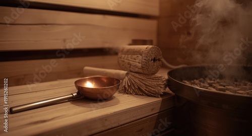 Sauna bench holding fresh copper ladle broom and vat for steam rituals