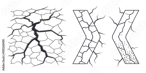Cracked concrete in black and white fractured surface broken texture damaged cracks