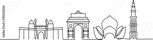Continuous One Line Drawing Delhi Skyline. one line Art icon drawing vector