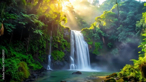 Tropical Waterfall Landscape with Sunlight.