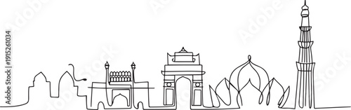 Continuous One Line Drawing Delhi Skyline. one line Art icon drawing vector
