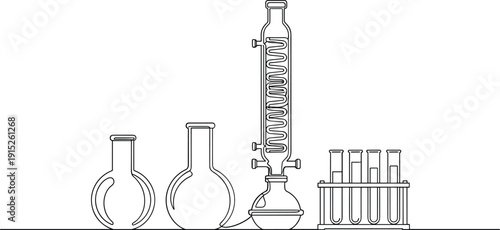 Laboratory Glassware Chemistry Equipment Line Art Illustration with Flasks, Condenser and Test Tubes for Scientific Research and Medical Experiment Concept