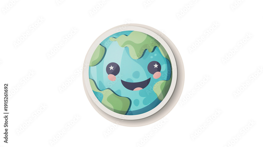 Fototapeta premium Cute smiling earth globe character, pastel blue and green tones