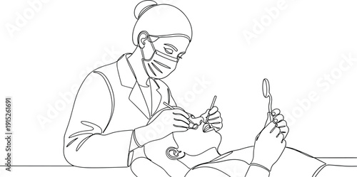 Dentist Treating Patient with Dental Tools Line Art Illustration Representing Oral Healthcare, Clinical Dentistry Procedure, Teeth Examination and Professional Medical Treatment Concept