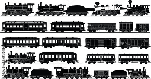 Vintage steam locomotive and railway carriage silhouettes collection isolated on white background, classic train transport illustration set detailed historic vector