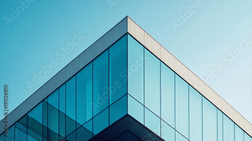 Minimalist low angle corner view of a modern glass office building against a clear blue sky