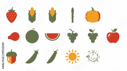 Collection of Fresh and Healthy Fruits and Vegetables Icons.