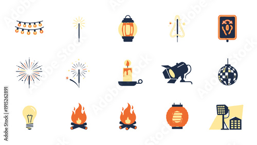 Collection of Light Sources and Fire Elements Icons.