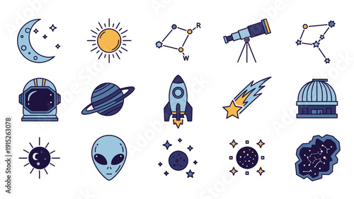 Collection of Space and Astronomy Icons with Celestial Bodies and Astronaut Gear.