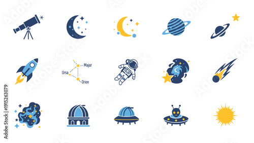 Collection of Space and Astronomy Icons with Planets, Stars, Rockets, and Astronauts.