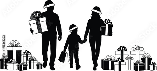 Family with Christmas gifts silhouettes wearing Santa hats, parents and child holding presents illustration isolated on white background for holiday celebration concept