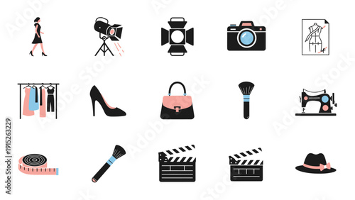 Fashion and Film Industry Icons Set.