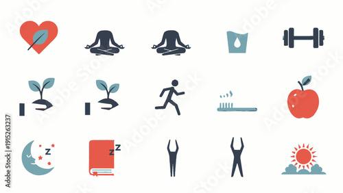 Healthy Lifestyle Icons Representing Wellness and Self-Care Activities.