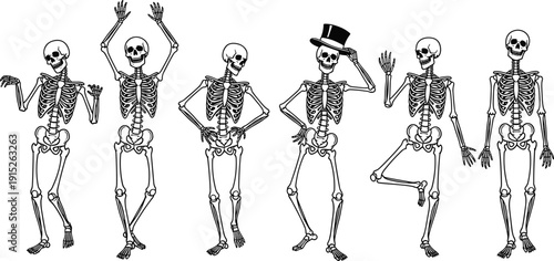 Black Vector Illustration Set of Human Skeletons in Various Fun Poses and Dancing Positions Including Top Hat Isolated on White Background for Halloween Design