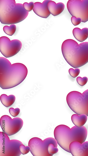 Vertical 3D hearts frame on transparent background. PNG overlay with glossy pink and purple hearts for Mother's Day and 8 March stories. Realistic romantic border for social media.