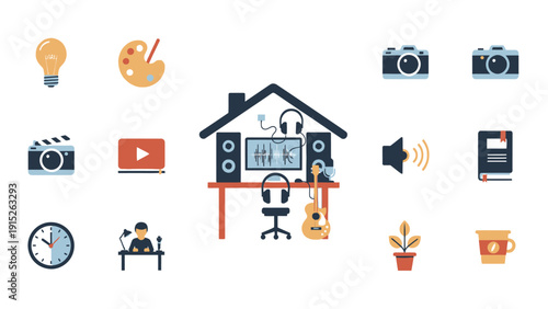 Home studio setup with creative icons surrounding it, representing various artistic and professional pursuits.
