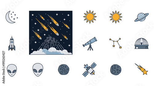 Space exploration and celestial objects icons set.
