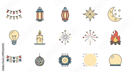 Set of festive celebration icons including lights, lanterns, candles, fireworks, and decorative elements.