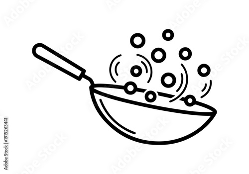 Stylized icon illustrating the exciting process of cooking and frying delicious food in a traditional wok, perfect for culinary kitchen designs