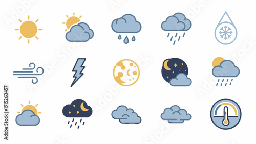 Weather forecast icons set with sun, clouds, rain, wind, lightning, moon, and thermometer.
