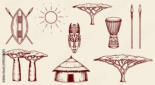 Vector Illustration of African Cultural and Nature Elements Tribal Mask, Weapons, Drums, Savanna Trees, Hut
