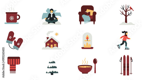 Winter Icons Set Cozy Season Activities and Objects.
