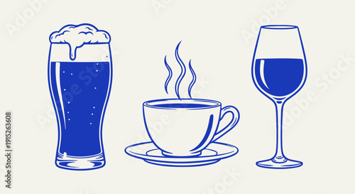Assortment of Popular Beverages in Minimalist Vector Line Art Style, Featuring Beer, Coffee, and Wine for Menu or UI Design Elements