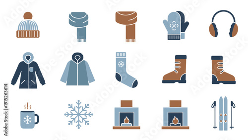 Winter Season Essentials and Activities Icon Set.