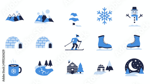 Winter season flat icons set with snow mountains and igloos.
