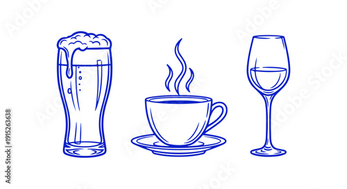 Artistic blue line vector illustrations of a cold beer, steaming coffee, and elegant wine glass, capturing popular beverages for menu designs and drink-themed graphic projects