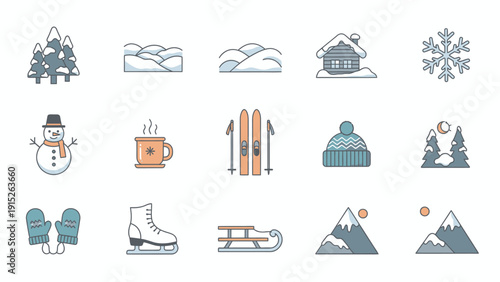 Winter season icons set, hand drawn style, vector illustration.