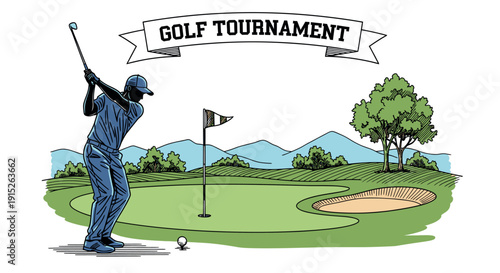 A Black golfer in blue attire takes a powerful swing with a golf club on a scenic course, with a golf tournament banner overhead, perfect for sports event promotions and competition
