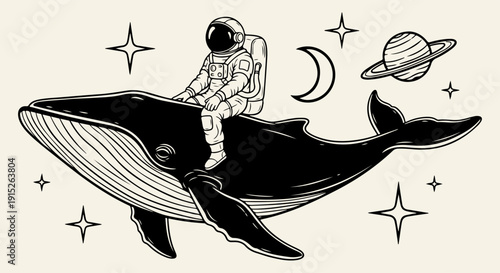 Whimsical cosmic journey of an astronaut riding a majestic whale through the starlit expanse, a dreamlike fantasy exploration