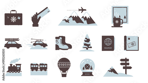 Winter Travel and Transportation Icons Collection.