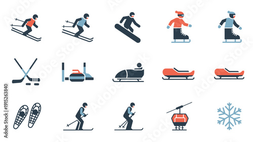 Winter Sports Icons Collection Featuring Skiing Snowboarding Skating and More.