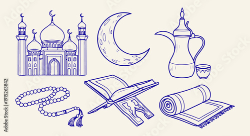 Hand-drawn collection of essential Islamic cultural and religious symbols, depicting spiritual practices and traditions with a vintage aesthetic