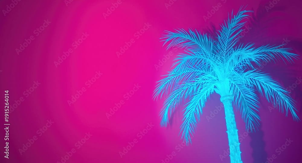Obraz premium Vibrant pink backdrop with glowing blue palm tree artwork for tropical summer party flyers